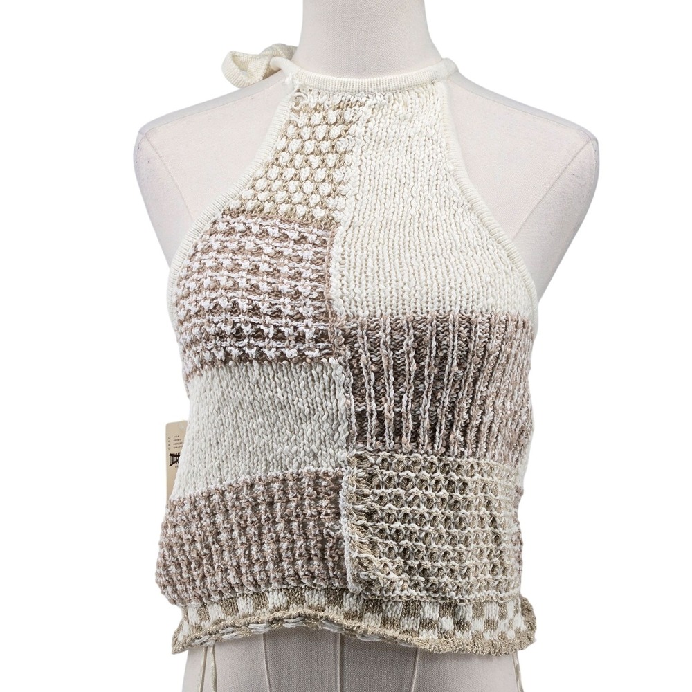 Anthropologie Sweater Vest Womens XS White Open-Knit Cotton Blend Tasseled